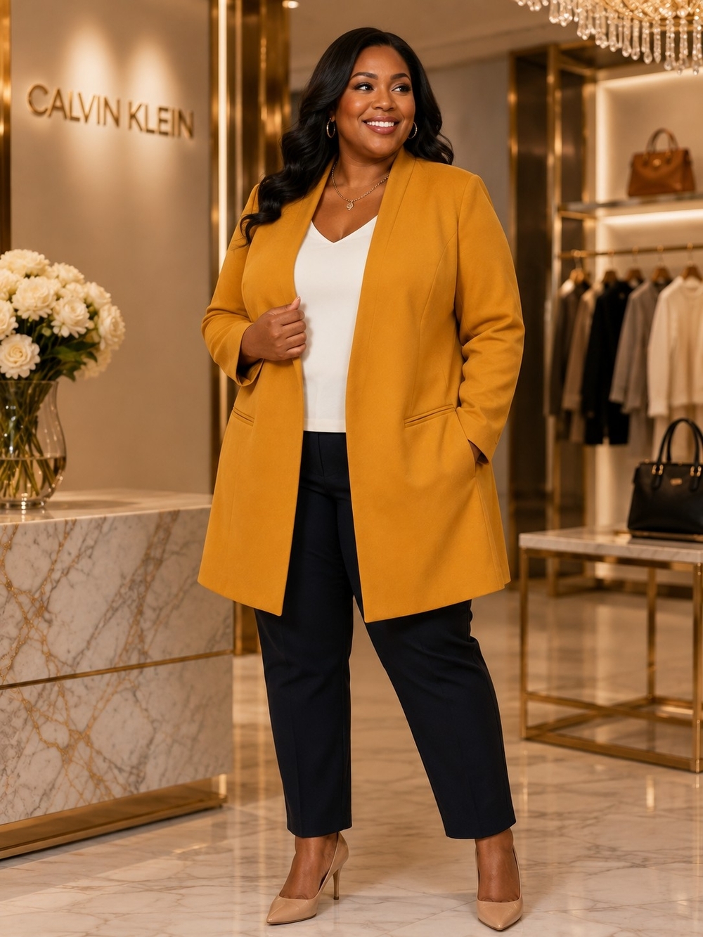 Calvin Klein Women's Mustard Open-Front Blazer Coat - Picture 2 of 16